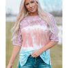 Azura Exchange Lace Stitching Tie-Dye Short Sleeve T-Shirt in 95% Polyester+5% Elastane – L