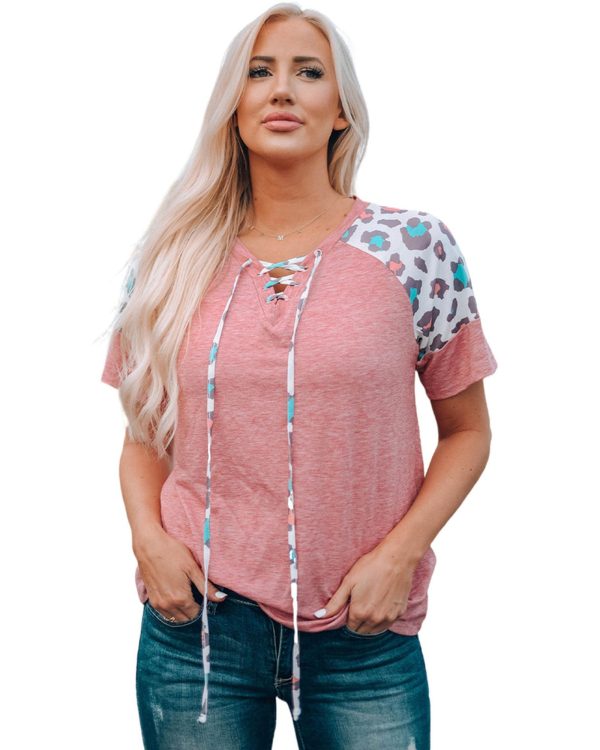 Azura Exchange Leopard Sleeve Lace-Up T-Shirt – L