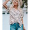 Azura Exchange Ruffled Sleeve Leopard Top with Buttons Neck – S