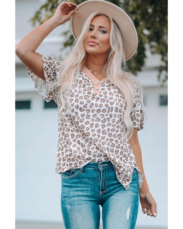 Azura Exchange Ruffled Sleeve Leopard Top with Buttons Neck – S