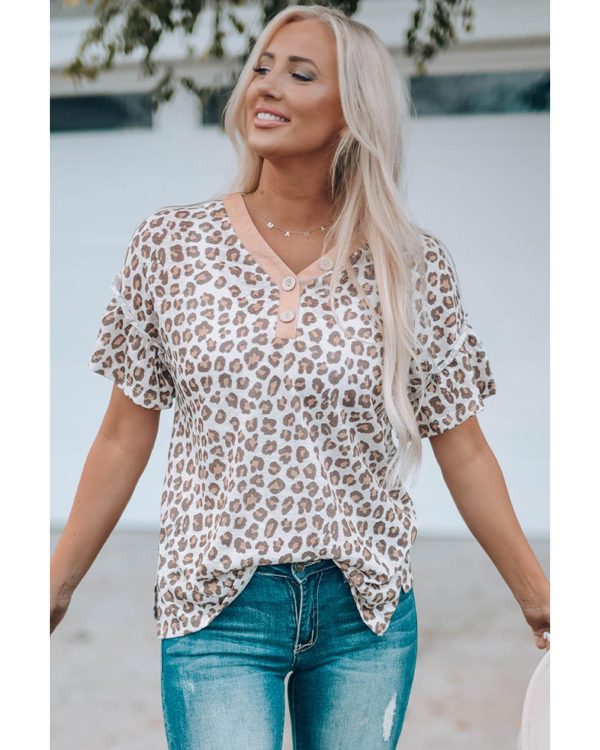 Azura Exchange Ruffled Sleeve Leopard Top with Buttons Neck – S