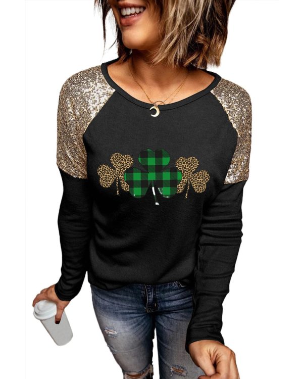 Azura Exchange Sequin Patchwork Plaid Leopard Long Sleeve Top – S