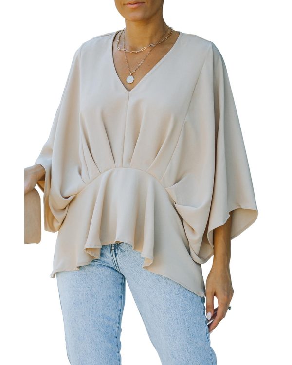 Azura Exchange Pleated Batwing Sleeve V Neck Blouse in 100% Polyester – M