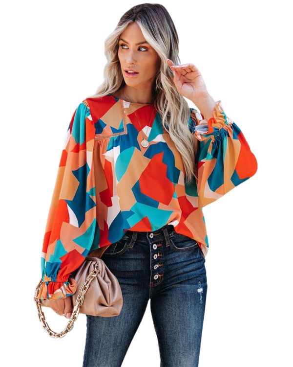 Azura Exchange Abstract Pattern Ruffled Puff Sleeve Blouse – L