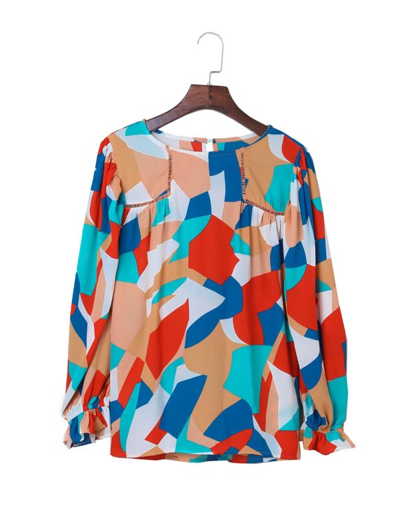 Azura Exchange Abstract Pattern Ruffled Puff Sleeve Blouse – L