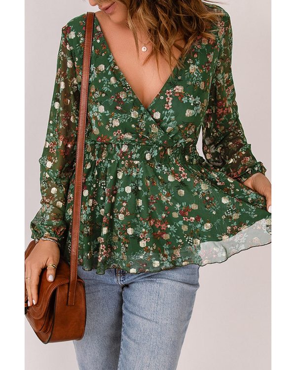 Azura Exchange Wrap V Neck Peplum Top with Floral Print – M