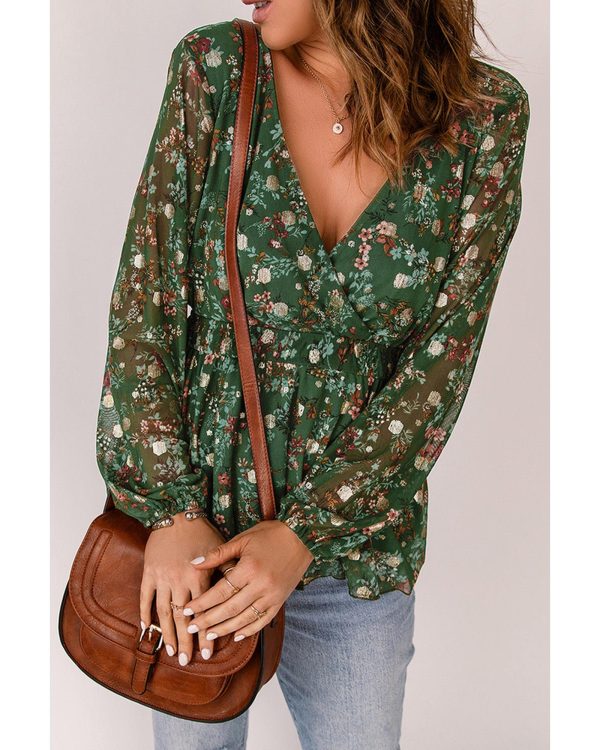 Azura Exchange Wrap V Neck Peplum Top with Floral Print – M