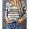 Azura Exchange Button Neck Striped Knit Long Sleeve Top – 2XL