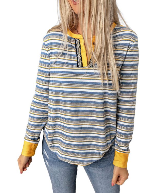 Azura Exchange Button Neck Striped Knit Long Sleeve Top – 2XL