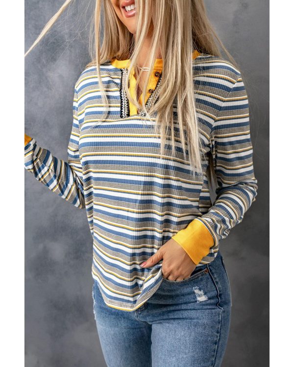 Azura Exchange Button Neck Striped Knit Long Sleeve Top – 2XL