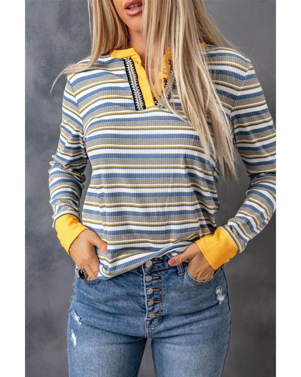 Azura Exchange Button Neck Striped Knit Long Sleeve Top – 2XL