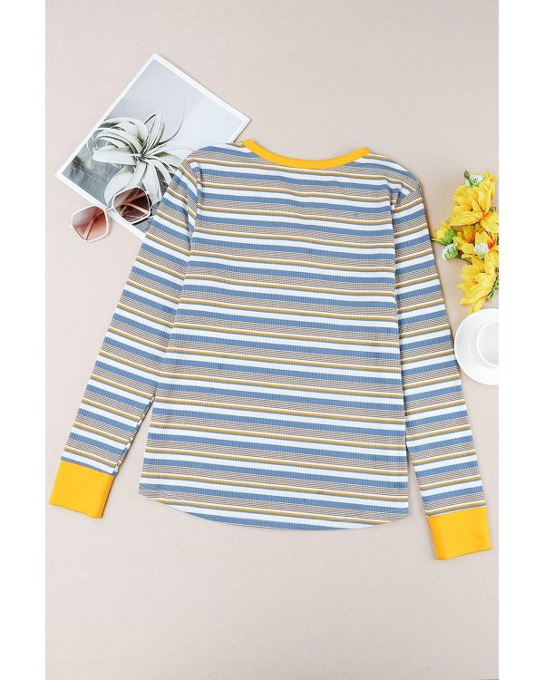 Azura Exchange Button Neck Striped Knit Long Sleeve Top – 2XL