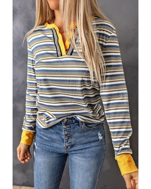 Azura Exchange Button Neck Striped Knit Long Sleeve Top – 2XL