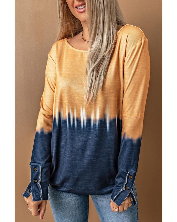 Azura Exchange Tie Dye Color Block Button Cuff Long Sleeve Top – M