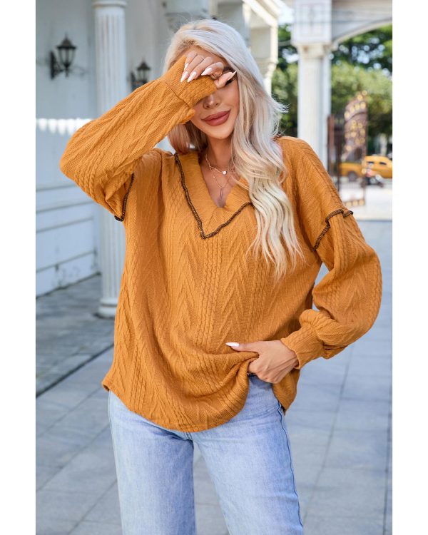 Azura Exchange Textured V Neck Long Sleeve Knit Top – L