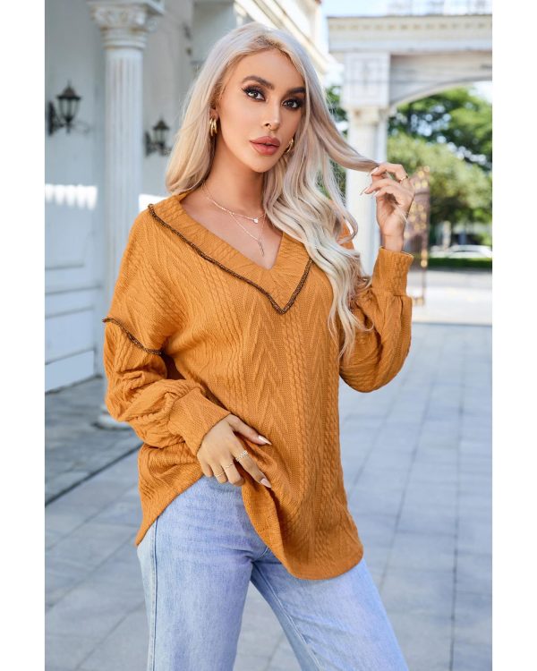 Azura Exchange Textured V Neck Long Sleeve Knit Top – L