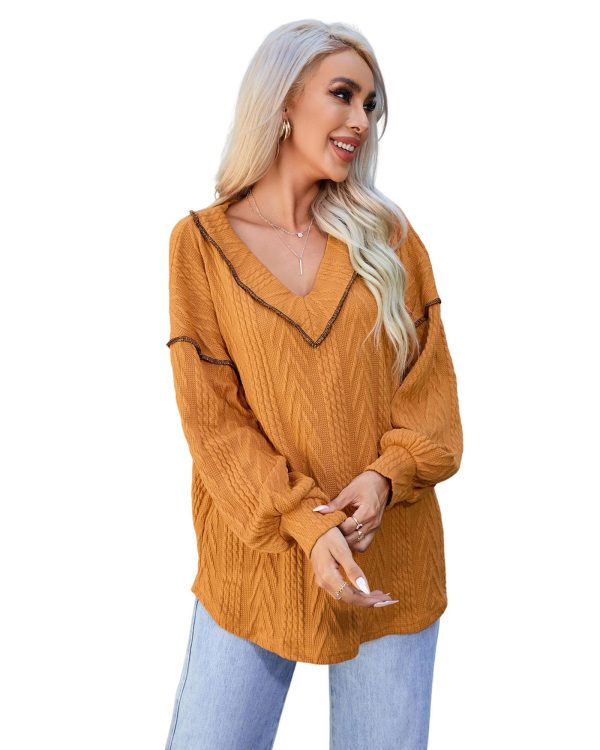 Azura Exchange Textured V Neck Long Sleeve Knit Top – L