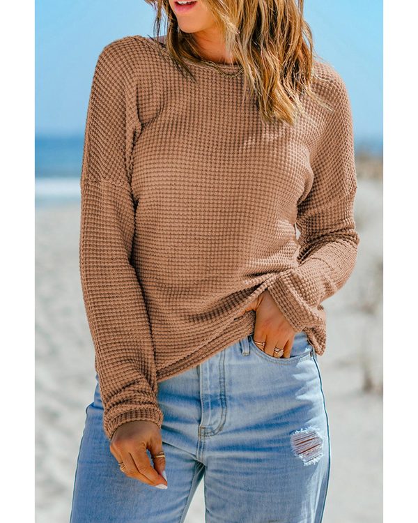 Azura Exchange Waffle Knit Drop Shoulder Long Sleeve Top – L