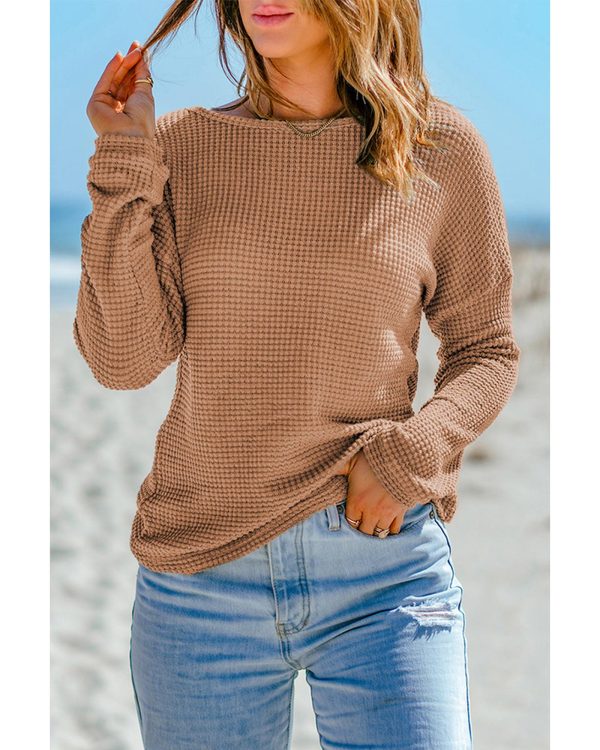 Azura Exchange Waffle Knit Drop Shoulder Long Sleeve Top – L