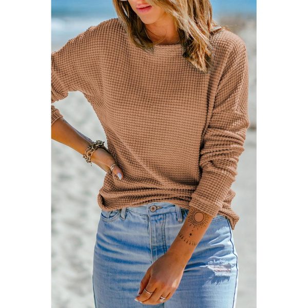 Azura Exchange Waffle Knit Drop Shoulder Long Sleeve Top – L