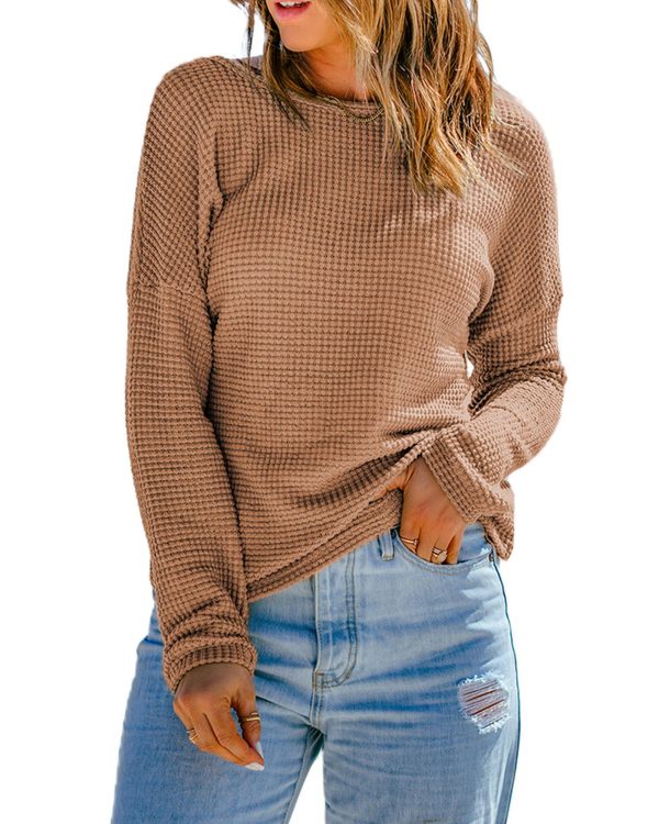 Azura Exchange Waffle Knit Drop Shoulder Long Sleeve Top – L