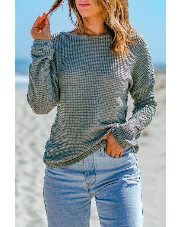 Azura Exchange Drop Shoulder Waffle Knit Long Sleeve Top – L