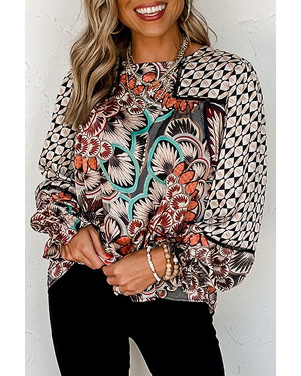 Azura Exchange Mixed Floral Geometric Print Ruffled Blouse – M