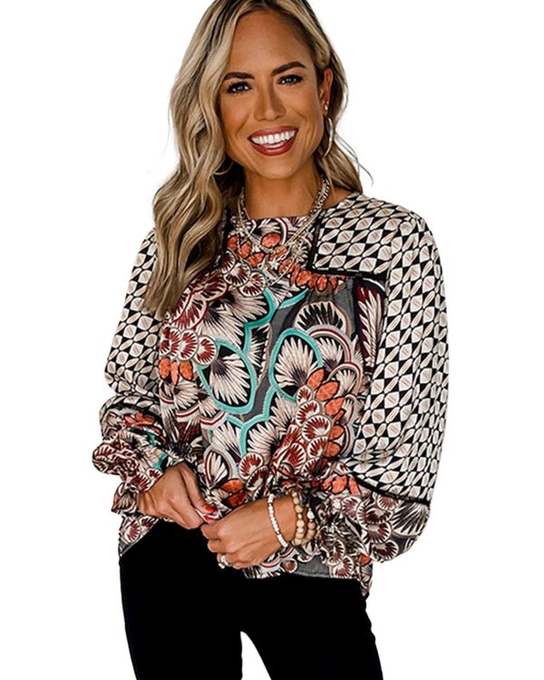 Azura Exchange Mixed Floral Geometric Print Ruffled Blouse – M