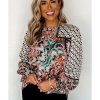 Azura Exchange Mixed Floral Geometric Print Ruffled Blouse – M