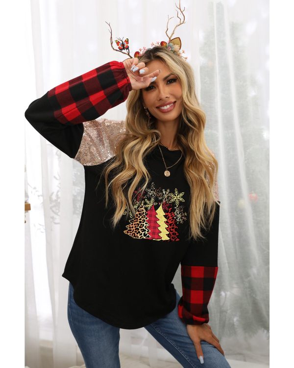 Azura Exchange Graphic Sequin Plaid Long Sleeve Top – L