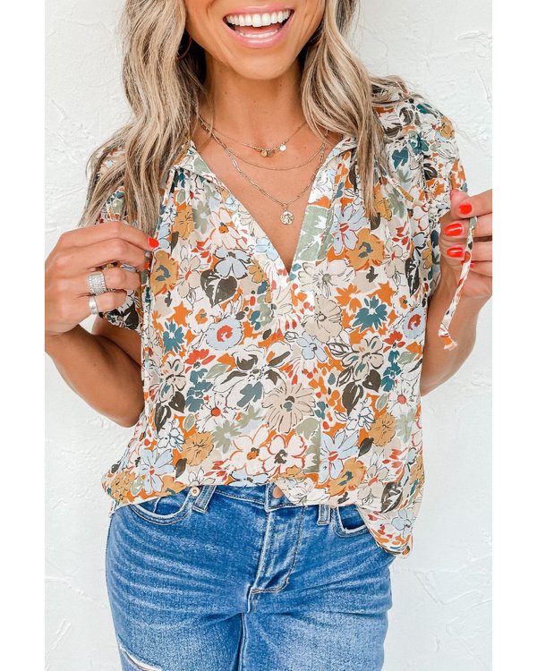 Azura Exchange Multicolor Split V Neck Flower Print Blouse – L