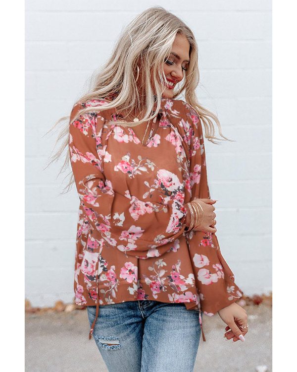 Azura Exchange Floral Split V Neck Bubble Sleeves Shift Top – L