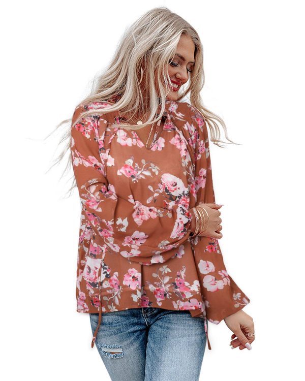 Azura Exchange Floral Split V Neck Bubble Sleeves Shift Top – L