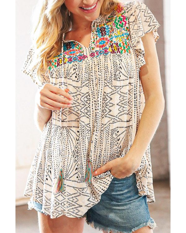 Azura Exchange Geometric Embroidered Spotted Print V Neck Blouse with Tassel Detail – M