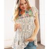 Azura Exchange Geometric Embroidered Spotted Print V Neck Blouse with Tassel Detail – M