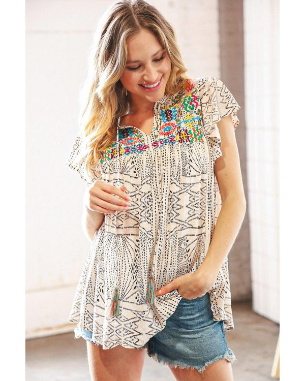 Azura Exchange Geometric Embroidered Spotted Print V Neck Blouse with Tassel Detail – M