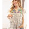 Azura Exchange Geometric Embroidered Spotted Print V Neck Blouse with Tassel Detail – M