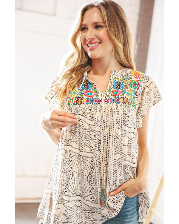 Azura Exchange Geometric Embroidered Spotted Print V Neck Blouse with Tassel Detail – M