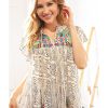 Azura Exchange Geometric Embroidered Spotted Print V Neck Blouse with Tassel Detail – M