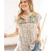 Azura Exchange Geometric Embroidered Spotted Print V Neck Blouse with Tassel Detail – M