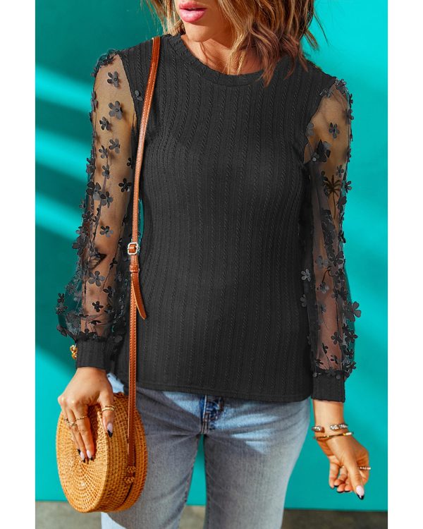 Azura Exchange Textured Knit Blouse with Floral Applique Mesh Sleeves – M