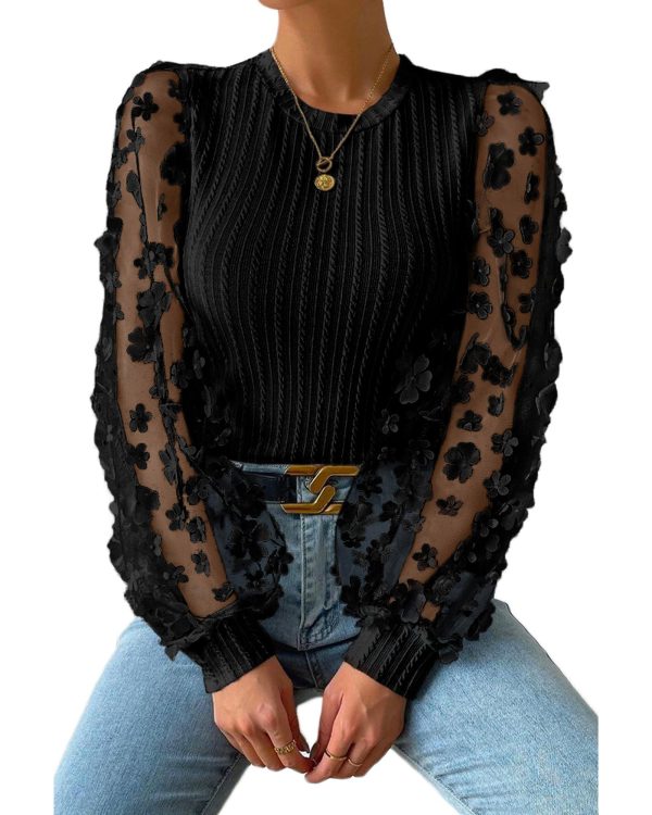 Azura Exchange Textured Knit Blouse with Floral Applique Mesh Sleeves – M