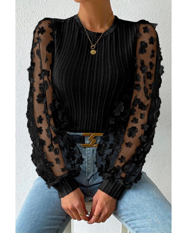 Azura Exchange Textured Knit Blouse with Floral Applique Mesh Sleeves – M