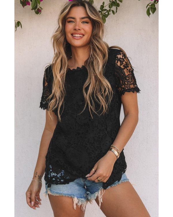 Azura Exchange Lace Overlay Short Sleeve Top – L