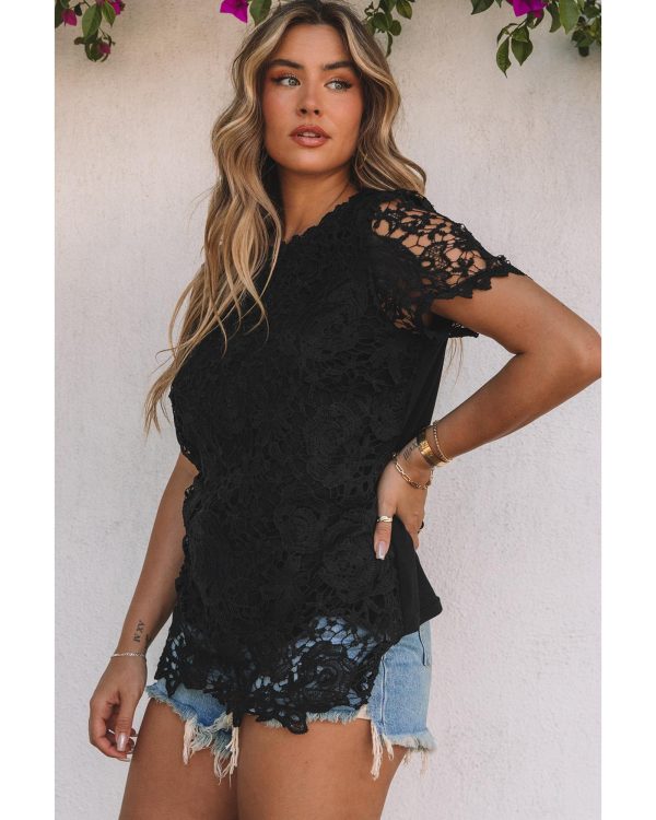 Azura Exchange Lace Overlay Short Sleeve Top – L