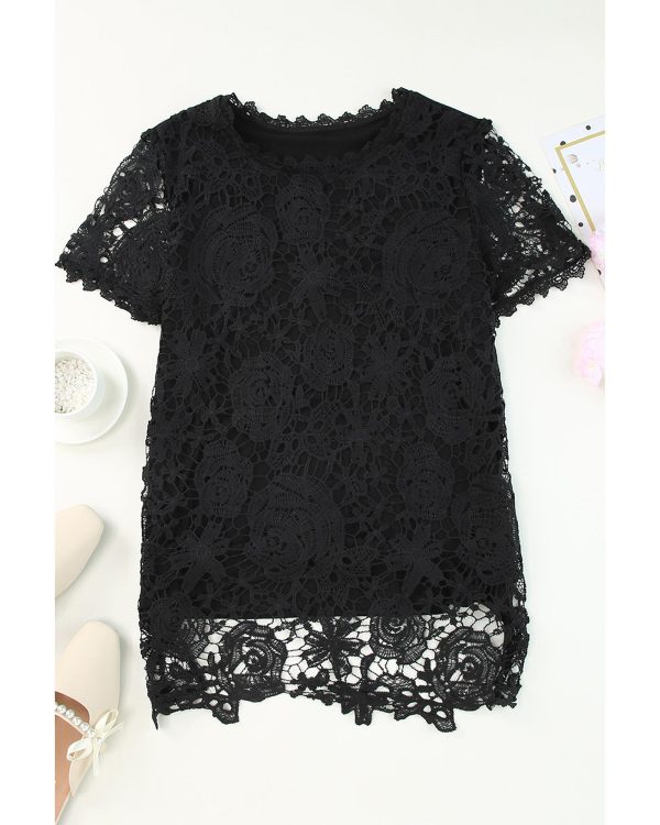 Azura Exchange Lace Overlay Short Sleeve Top – L