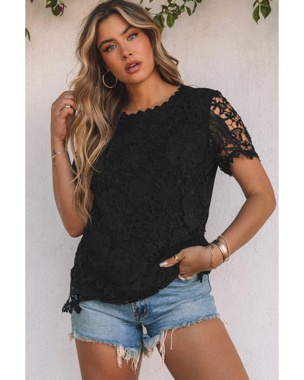 Azura Exchange Lace Overlay Short Sleeve Top – L