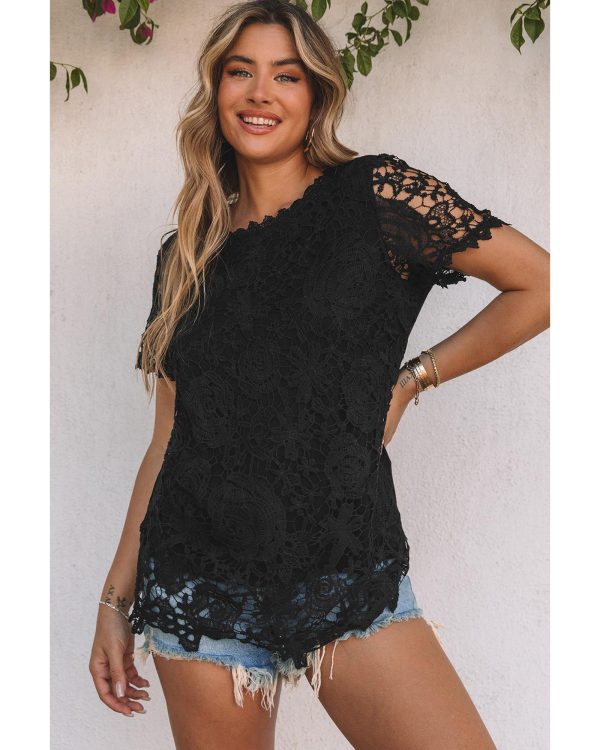 Azura Exchange Lace Overlay Short Sleeve Top – L