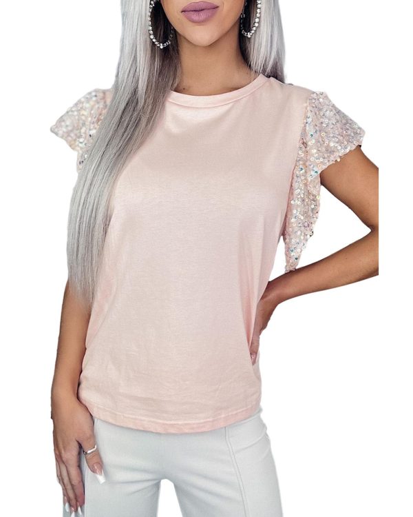 Azura Exchange Sequin Sleeves Crew Neck T-Shirt – L