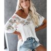 Azura Exchange Embroidered V Neck Crinkle Babydoll Blouse – L